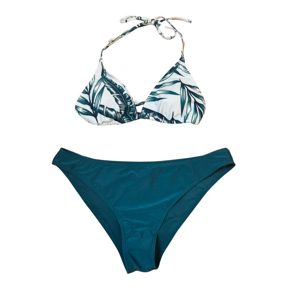 NWOT GQF teal & white palm leaf 3pc bikini & cover-up set - size XL, fits like L